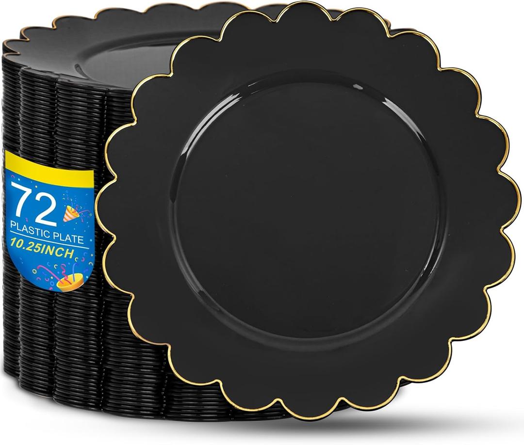 Sut 72 Pcs Black Plastic Plates With Gold Rim, Plates Disposable Heavy Duty, 10.25 Inch Plastic Dinner Plate, Black Disposable Plate For Party