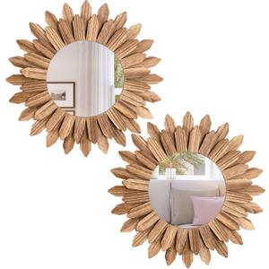 Honiway Boho Wall Decor Mirror 2 Pack Rustic Wood Mirror 12 inch Boho Mirror Home Decor Farmhouse Room Decorations for Bedroom Living Room Carbonized Black