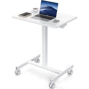 DUMOS Small Standing Desk Mobile Portable Rolling Laptop PC Table on Wheels Adjustable Height Computer Workstation for Home Office, 19 Inch, Modern White