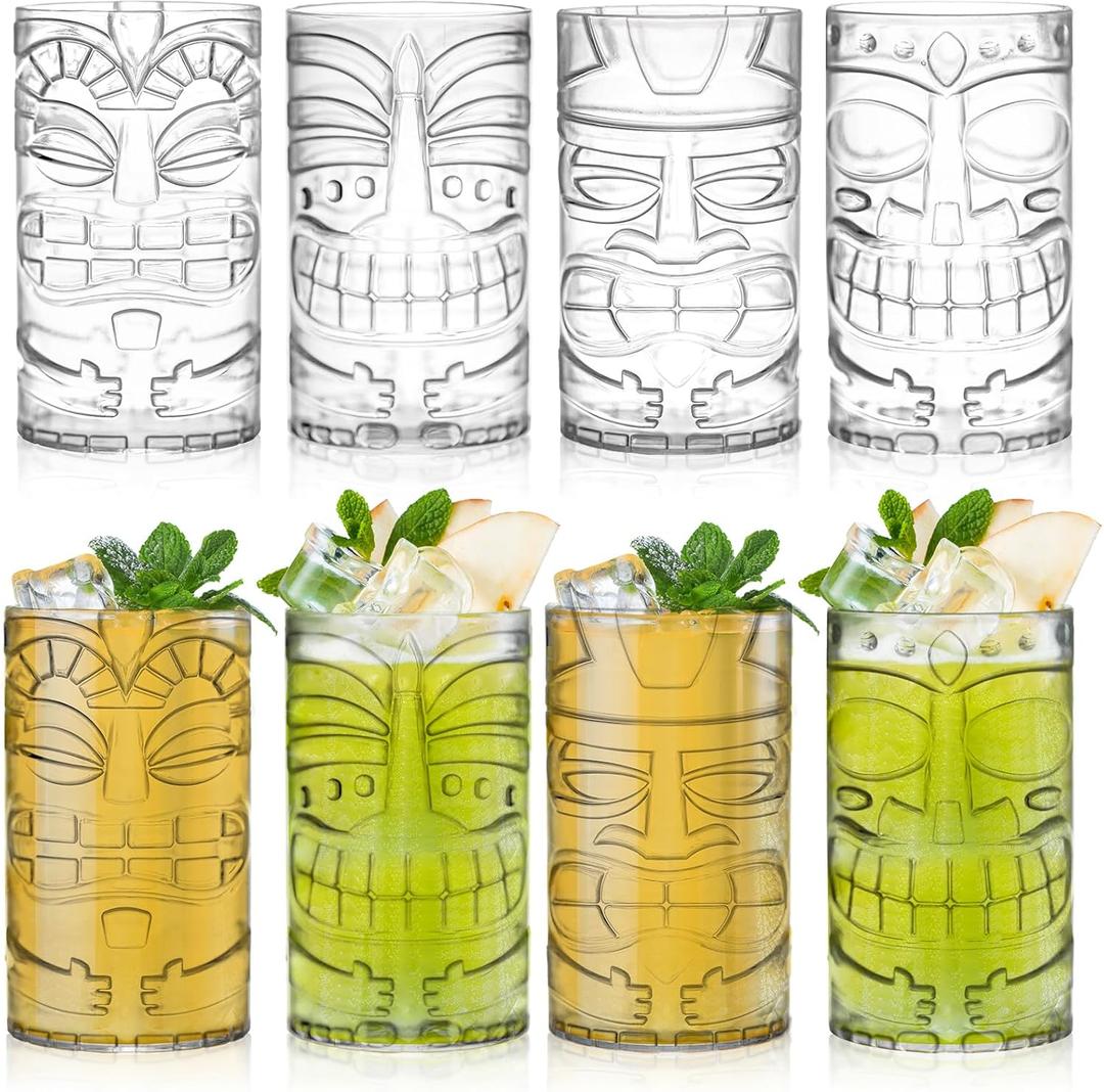 Goaste 8 Pack 17oz Plastic Tiki Cups, Clear Tiki Plastic Mug Cups, Tiki Hawaiian Party Drinking Tumblers, Exotic Zombie Cocktails Mugs, Reusable Mai Tai Glasses for Cocktails, Lemonade, Halloween