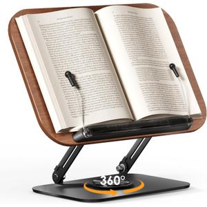 Book Stand for Reading, Adjustable Book Holder with 360 Rotating Bases, Foldable Designs, and Elastic Clips, Multifunctional Display Stand for Recipe, Cookbooks, Magazines, Tablets, Laptops (Dark Wood)