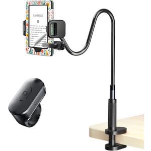 [Case-Friendly] Long Tablet Stand for Kindle with Page Turner Ring Remote, Gooseneck Holder for Reading in Bed with Clicker, eReader Accessories Gift for Readers Compatible with iPad iPhone Fire HD (Black)