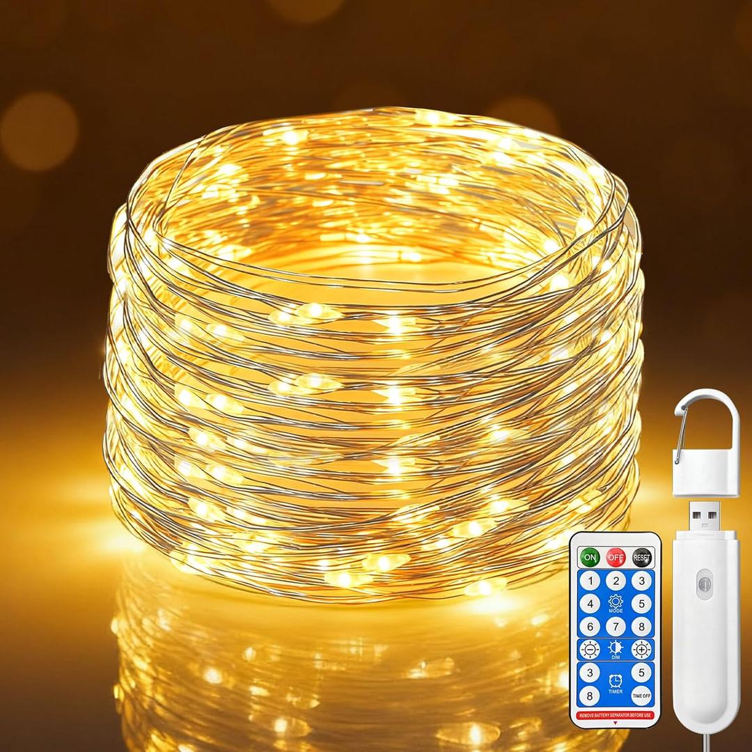 Rechargeable Fairy Lights Battery Operated, 33FT 100LED Twinkle Lights with Remote & Timer, 8 Modes Waterproof String Light for Indoor Outdoor Christmas Camping Plants Craft Decor, Warm White