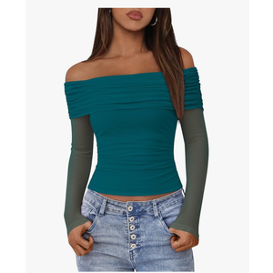 BTFBM Women's Long Sleeve Shirts 2025 Fall Crop Going Out Tops Mesh Ruched Casual Off Shoulder Blouses Y2K Clothes, Size L, Blue Green