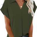 NILOINE Womens Blouses Dressy Casual Summer Tops Short Sleeve Work Tops Soild Color Blouse for Business(M,4-Army Green)
