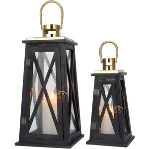TRIROCKS Set of 2 Farmhouse Wooden Lantern 12''&18'' Metal Decorative Candle Holders with Tempered Glass Rustic Outdoor Lantern for Home Christmas Patio Wedding Parties Indoor Outdoor(Black Trapezoid)