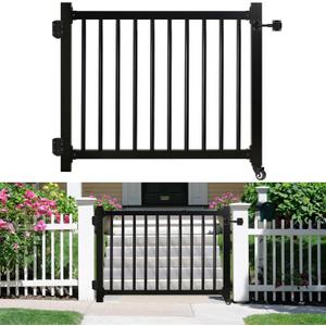 Deck Gate, 36"x 45" Adjustable Aluminum Outdoor Gate 1" Round Pipe with Latch, Auto Closing Hinges and Black Rustproof Powder Coated for Patios, Porch, Gardens Indoor Pet Protected