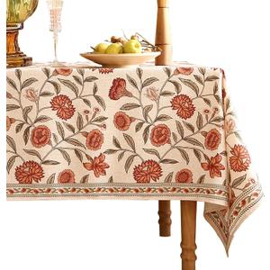 Floral Rectangular Tablecloth,Linen Table Cloth with Orange Flowers and Green Leaves Pattern,Heavy Durable Table Cover for Dining Thanksgiving Kitchen Party Banquet Christmas,63"*94"