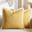 Mustard Yellow Faux Linen Decorative Throw Pillow Covers 18x18 Inch Set of 2 Boho Farmhouse Pillowcases with Tassels Rustic Woven Textured Burlap Cushion Cases for Sofa Bed Living Room Home Decor
