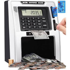 Fishboy Talking ATM Piggy Bank for Kids with Dual Debit Cards, Power-Off Memory, Auto-Opening Drawer for Real Money for Boys, Onekey Shutdown, Bill Feeder, Coin Recognition, Balance Calculator Machine (Black/Silver)
