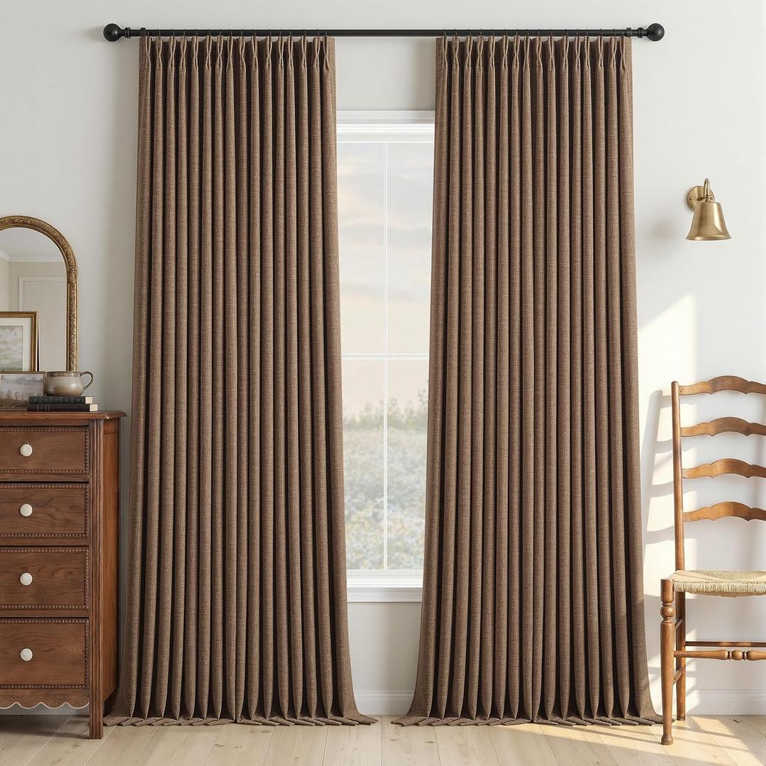 120 Inch Pinch Pleated Linen 100% Blackout Curtains Rust Brown W50xL120