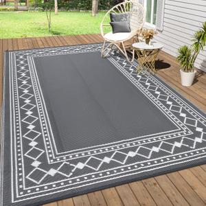 Large Outdoor Rug,9x12 Waterproof Modern Bordered Plastic Straw Carpet,Lightweight Outdoor Carpet,Easy Cleaning Folding Uv Resistant Picnic Camping Mat,Grey/White