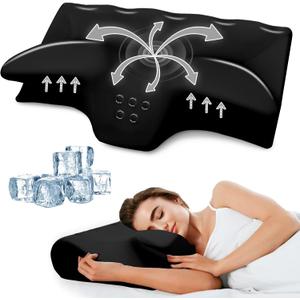 Cervical Neck Pillow for Pain Relief,Ergonomic Contour Memory Foam Pillows for Sleeping,Cooling odorless Neck Support Pillow for Side Back Stomach Sleeper,with Washable Pillowcase,Black (Queen)