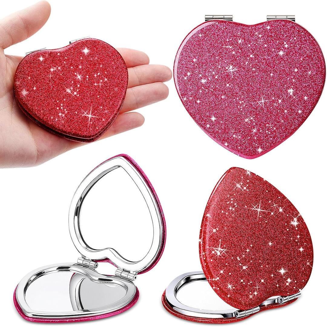 Briwooody 4 Pcs Valentine's Day Heart Compact Folding Mirror Mini Vanity Mirror Double Sided Cute Glitter Cosmetic Gift Portable Travel Magnifying Makeup Supplies for Women Mom Home(Red, Rose Red)
