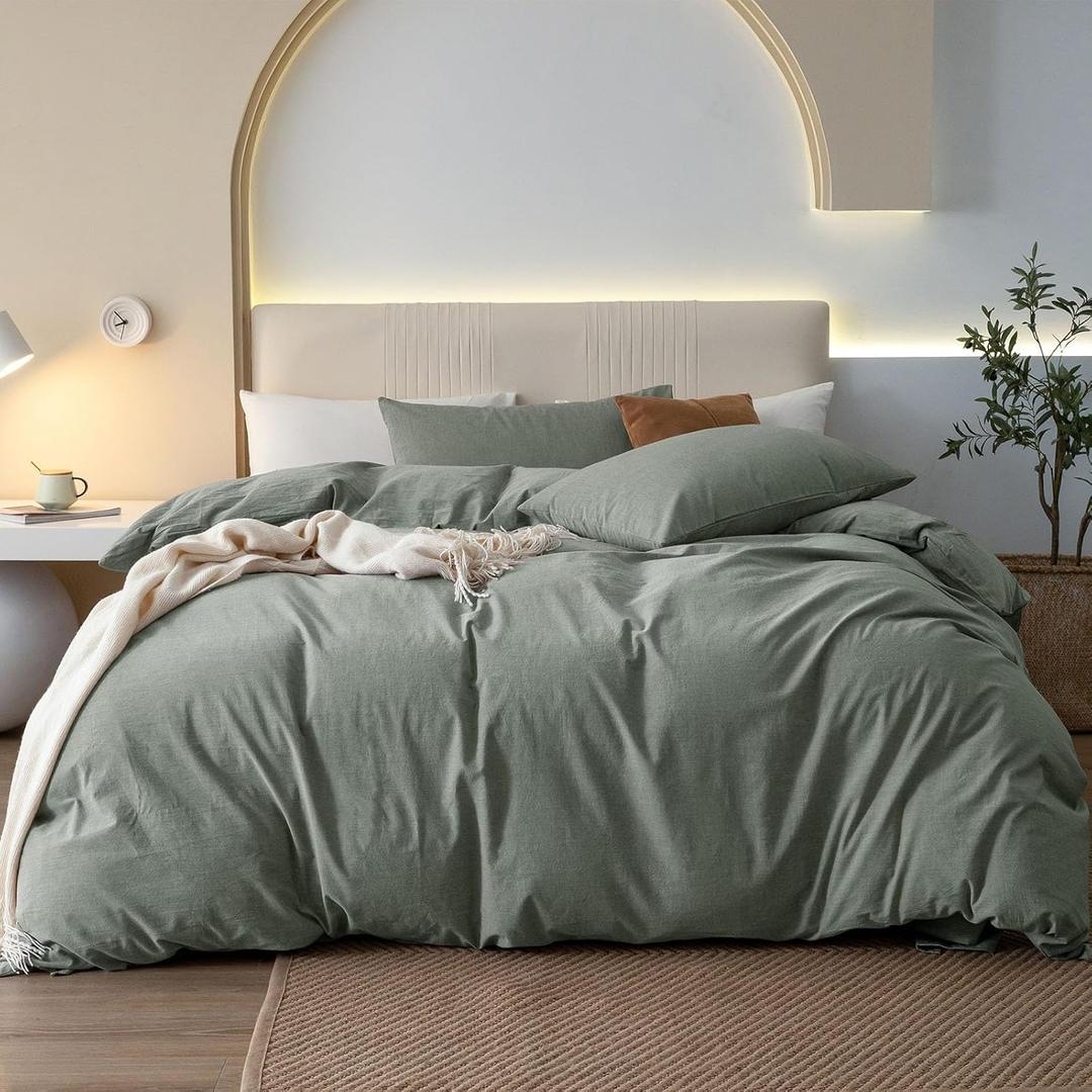 JIYUAN Queen Size Duvet Cover Set, 3-Piece - 100% Washed Cotton, Linen-Like Soft & Breathable with Zipper Closure, Includes 90x90 Inch Cover & 2 Pillowcases, Heathered Green