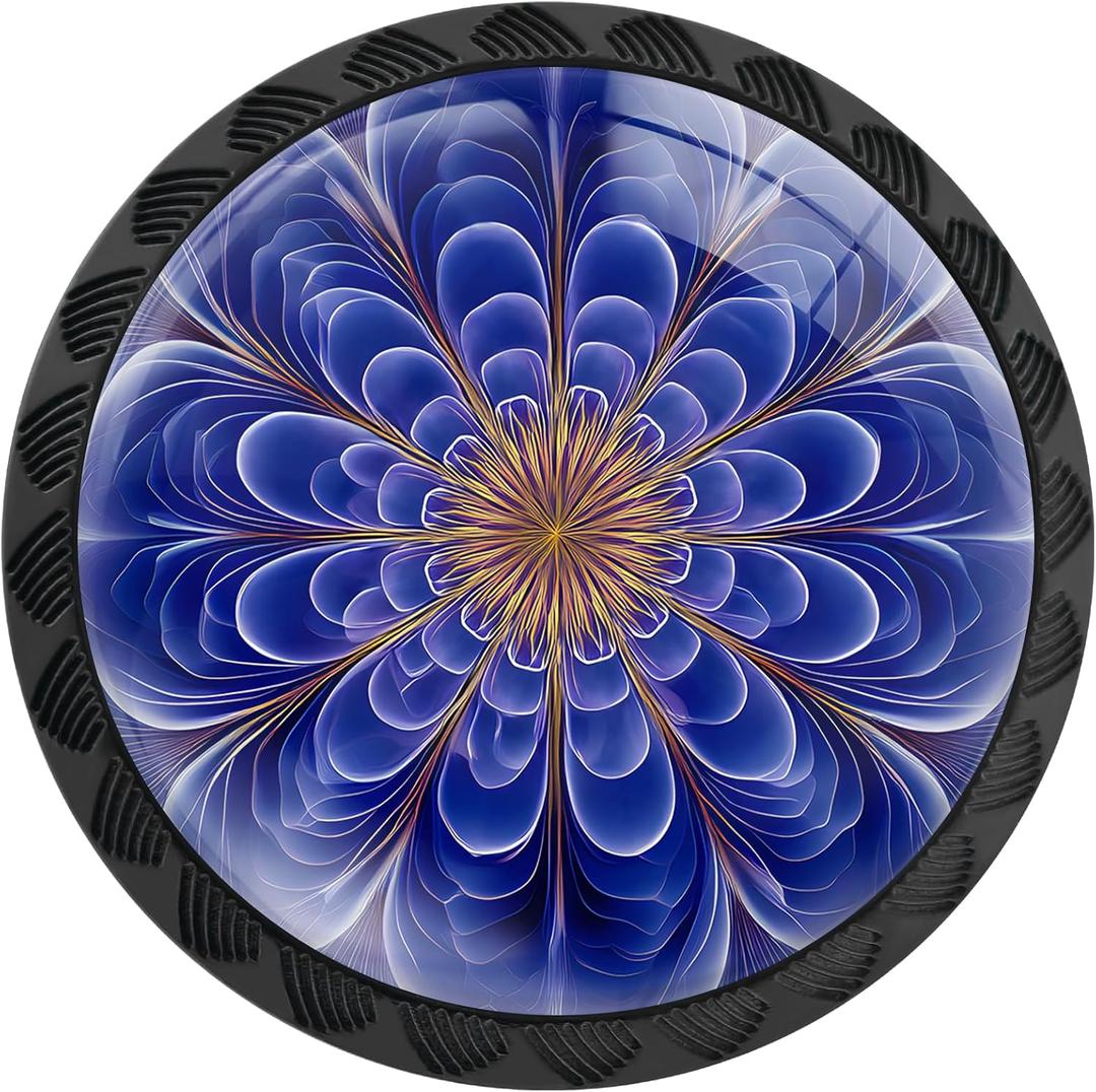 4 Pack Blue Fractal Flower Cabinet Knobs Round Drawer Pulls Blue Mandala Knob Cupboard Door Handles Hardware for Kitchen Bathroom Cabinets