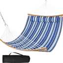 SUNCREAT Portable Hammock with Carrying Bag, 2 Person Hammock with Curved Spreader Bar, Blue Stripes