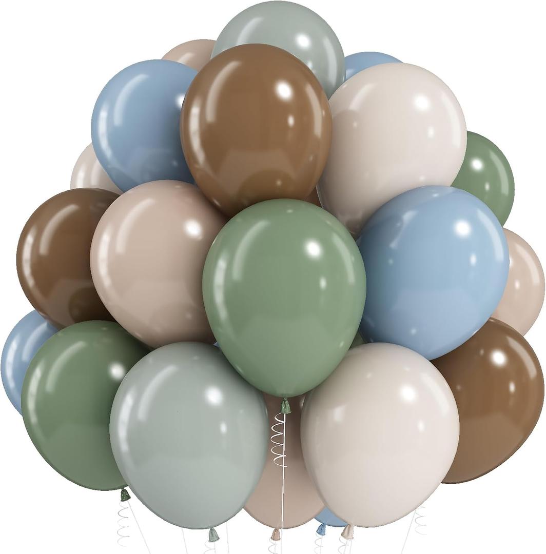 Sage Green Blue Brown Balloons, 60PCS Dinosaur Safari Dusty Blue Olive Green Coffee Beige Eucalyptus Latex Balloon Jungle Hunting Balloons for Woodland Dino Boho Baby Shower Birthday Party Decorations