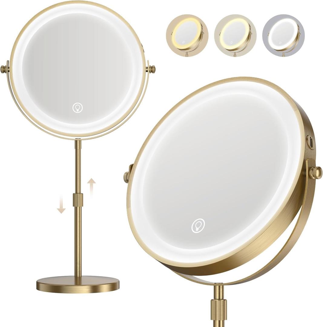 Makeup Mirror with Lights, 1x/20x 360° Rotation Vanity Mirror, Brightness Adjustable Lighted Makeup Mirror with Magnification, 5000 mAh Rechargeable Double Sided Mirror with 3 Colors, Gift for Women