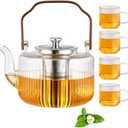 Fluted Glass Tea Pot with Infusers for Loose Tea, Clear TeaPot Stovetop Safe, Vintage Kettle Teapot with 4 Ribbed 2.5oz Tea Cup, Unique Tea Maker Gift for Loose Leaf Blooming - 34oz (1000ml)