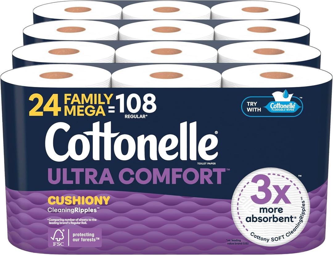 Cottonelle Ultra Comfort Toilet Paper with Cushiony CleaningRipples Texture, Strong Bath Tissue, 24 Family Mega Rolls = 108 Regular Rolls (4 Packs of 6)