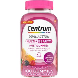 Centrum MultiGummies Multi+ Beauty Dual Action Multivitamin, Specially Designed with Biotin for Healthy Hair, Skin and Nails, Cherry/Berry/Orange Flavors - 100 Count