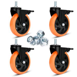 5" Stem Caster Wheels M12-1.75x25mm Safety Dual Locking 1500Lbs Heavy Duty Threaded Stem Casters No Noise Swivel Castors with Brakes