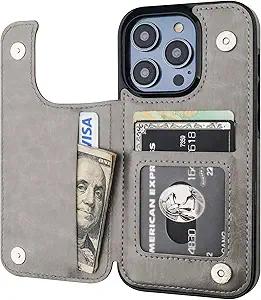 Compatible with iPhone 14 Pro Wallet Case with Card Holder, PU Leather Kickstand Card Slots Case, Double Magnetic Clasp (Gray)