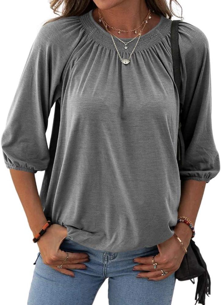 Grlasen Women's Solid Crew Neck T Shirt Blouse Cotton Half Sleeve 3/4 Sleeve Casual Loose Pleated Basic Tops (Gray, S)