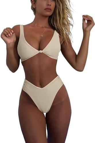 geluboao Bikini Set for Women Solid V Neck Knot Front Push Up High Leg Thong Two Piece Swimsuit, Size XL