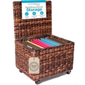 BIRDROCK HOME Seagrass Rolling File Cabinet - Storage Organizer Box with Lid - Home Office Decor - Decorative Organize - Letter Legal Hanging Filing Container - Espresso