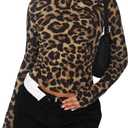 Long Sleeve Shirts for Women - Casual Y2K Printing Crop Tops Crewneck Slim Fit T-Shirt Tees (Small, Black Leopard)