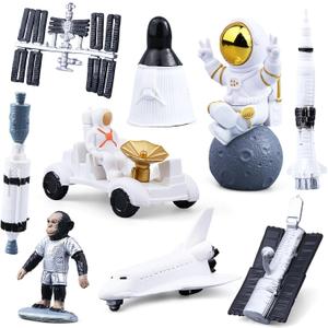 Astronaut Figures Set, Cute Mini Space Theme with Spaceman, Spaceship, Car, Rockets, Satellites for Desktop Kids Birthday Cake Decorations Party Favors