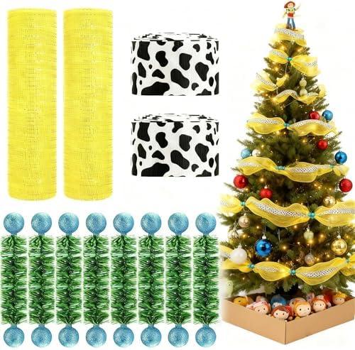 Suncalla Cartoon Toy Christmas Ribbon Garland Yellow Deco Mesh Cow Print Grosgrain Ribbon Ornaments Blue Ball Garland Ties Christmas Tree Decorations for DIY Xmas Tree Decor Wreaths Crafts