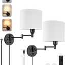 Plug in Wall Sconces with Remote Control, Dimming 10%-100% & Adjustable Colors 2700K-6500K, Hardwire or Plug-in, Swing Arm Wall Lamp with White Fabric Shade, Wall Sconces Set of Two, Black Finish