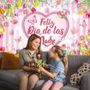 Feliz Dia De Las Madres Backdrop Happy Mother's Day Pink Tulip Photo Background Flowers Heart Pink White Stripe Spanish Feliz Dia Mama Girl Woman Birthday Party Decor Banner Photo Props (8x6FT)