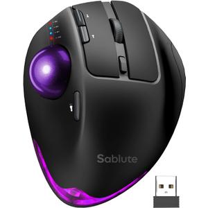 Wireless Trackball Mouse, Ergonomic Bluetooth Rechargeable Computer Mouse, Backlit Rollerball Thumb Laptop mice with 5 Level DPI, Adjustable Angle, 3 Devices Connection for PC, Windows - Purple Ball