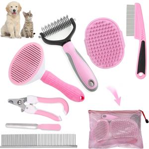 Dog Brush Dog Grooming Kit 7PCS Dog Brush for Shedding-Dog Brushes for Grooming, Dematting Comb for Dogs, Cat & Dog Nail Clipper with Nail File, Flea Comb, Pet Comb, Dog Bath Brush-Pink