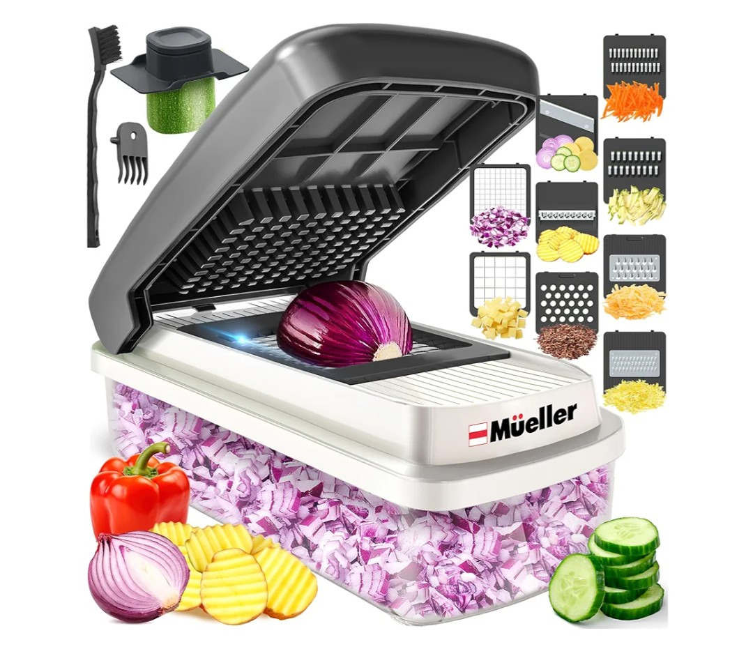 Mueller Vegetable Chopper Mandoline Slicer, Food Veggie Chopper, Cheese Grater, Onion Vegetable Cutter with Container, Dicer, Kitchen Gadgets & Essentials, White Sand/Grey