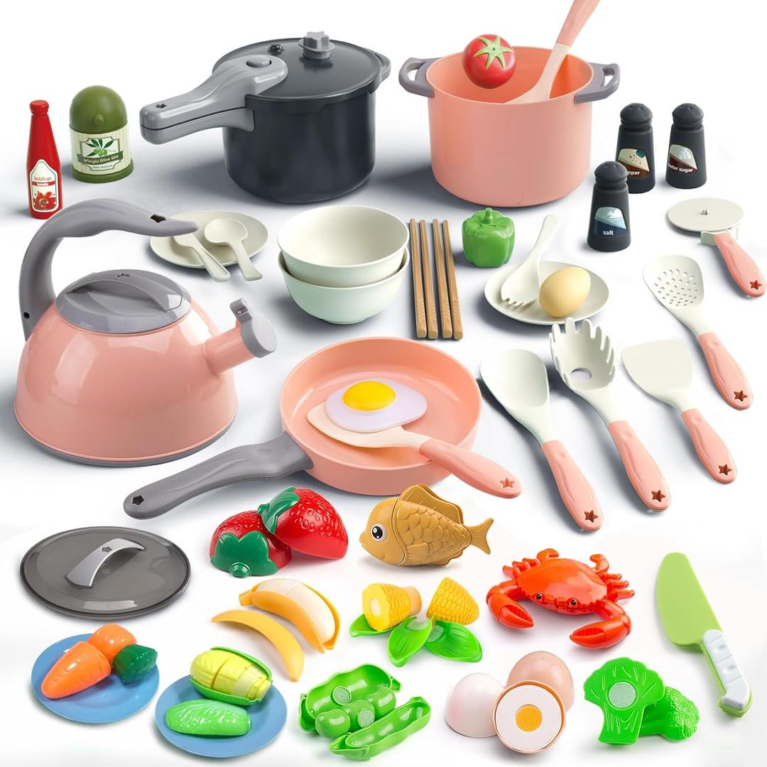 Bruvoalon 67Pcs Kids Play Kitchen Toys Set, Toddlers Pretend Cooking Playset Acccessories with Pots Pans, Utensils Cookware, Foods, Canned Veges, Learning Gift for Kids Girls Boys (Pink)