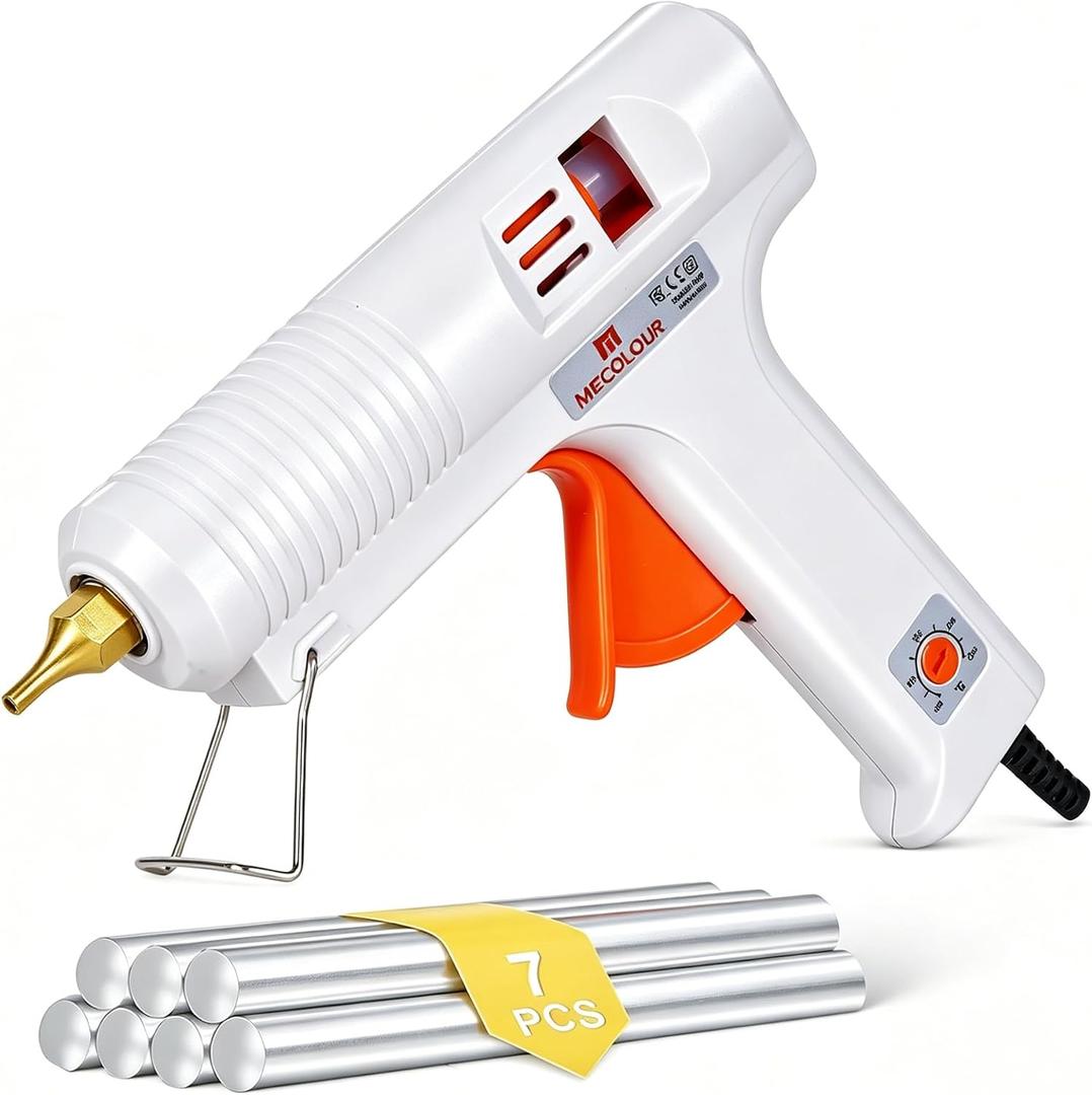 MECOLOUR Hot Glue Gun Kit,1 Hot Glue Gun and 7 Sticks(11mm,15cm),150W, Dual-Temperature,Fast Preheating Hot Melt Gun, High Temp for Arts Craft School DIY, Home Repairs, Construction, and Wood (white)
