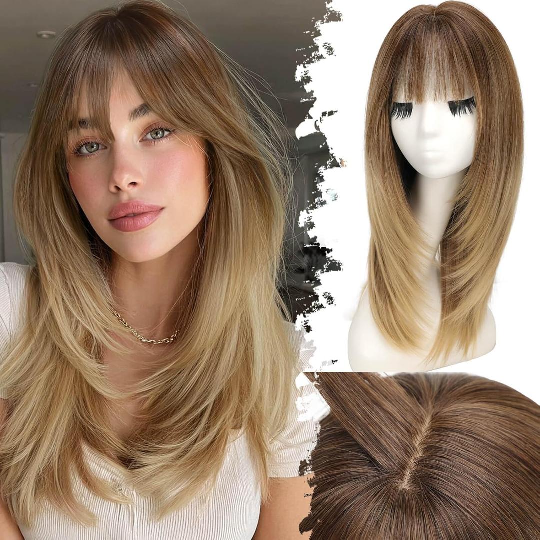 Eawwii Beginner-Friendly Wig with Bangs for Women Ombre Brown to Blonde Straight Face-Framing Layers Hairstyle 4x4 Realistic Scalp Glueless Synthetic Wigs Medium Length for Everyday Use