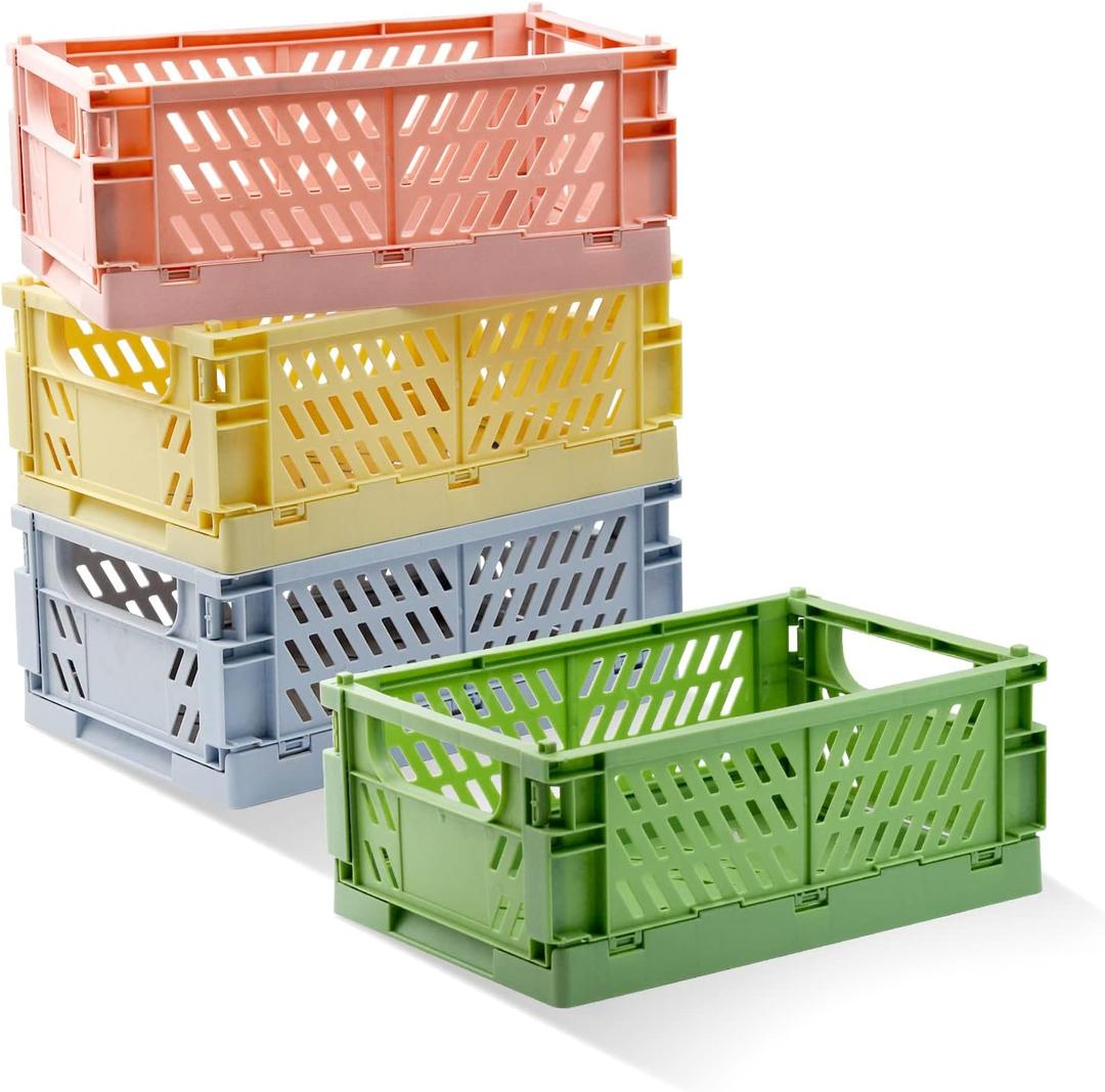Xhwykzz 4 Pack Pastel Crates for Storage, Plastic Folding Basket, Colorful Small Storage Containers for Bedroom Office Classroom Bathroom Desktop Drawer Organizer Decor (9.8x6.5x3.8inch) (Medium, Pink, blue, green, yellow.)