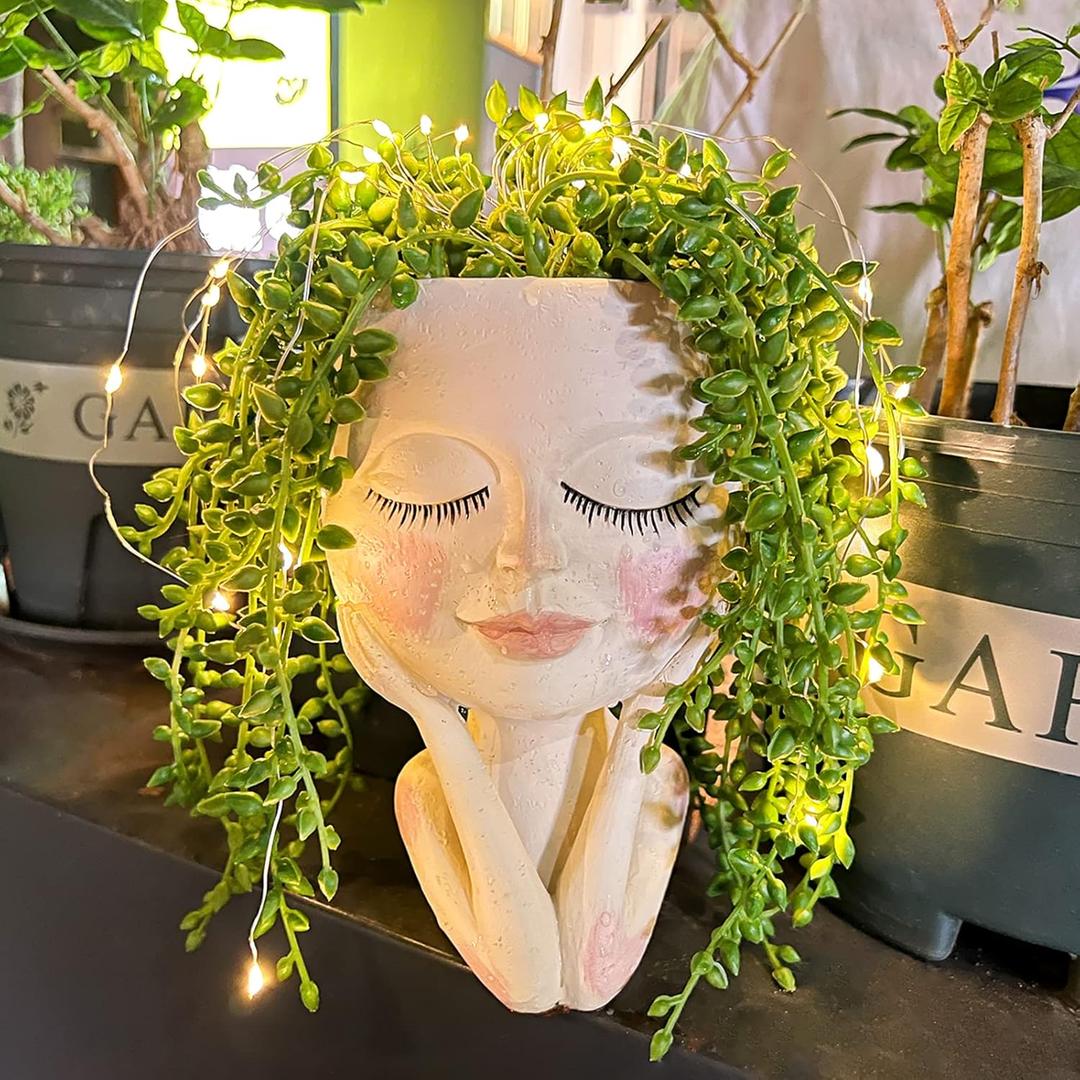 Solar-Face Flower Pot Head Planter Pots - LED String Lights Warterproof Resin Succulent Cactus Planters Pots with Drainage Hole Cute Lady Closed Eyes Indoor Outdoor Garden Decor (Large) (Shallow)