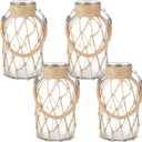 Set of 4 Rope Net Dry Flower Glass Vase 7.9 x 4 Inches Wicker Farmhouse Vase Coastal Decor for Wedding Tables Home Rustic Hanging Mason Jar Rope Wrapping Decorative Bottles Nautical Decor