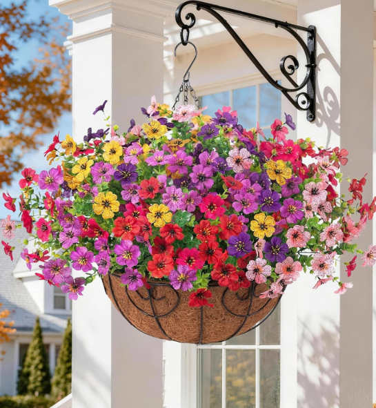 HyeFlora Artificial Fake Hanging Plants Flowers with Basket Outdoor Spring Decor, Faux Silk Pink Daisy in Pot Planter Realistic UV Resistant for Porch Home Indoor Patio Balcony Garden Yard