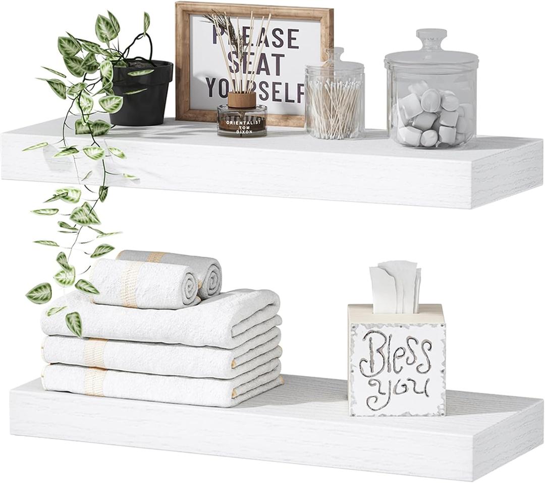 QEEIG Bathroom Floating Shelves for Wall - 15.7" Wall Mounted Shelf Over Toilet Farmhouse Home Decor Display Bookshelf Small 15.7 x 6.7 inch Set of 2, White (008-40W)