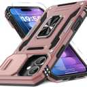 DEERLAMN Case for iPhone 16 Plus with Slide Camera Cover+Screen Protector (1 Pack), Rotated Ring Kickstand Military Grade Shockproof Protective Cover-Rose Gold