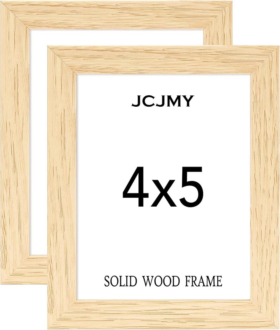 JCJMY 4x5 Solid Picture Frame Set of 2, Natural Wooden 4 by 5 Photo Frame with Shatter Resistant Plexiglass for Wall Hanging or Tabletop, 2 Pack, Natural