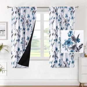 H.VERSAILTEX 100% Blackout Curtains for Bedroom Cattleya Floral Printed Drapes 63 Inches Long Leah Floral Pattern Full Light Blocking Drapes with Black Liner Rod Pocket 2 Panels, Grey/Blue